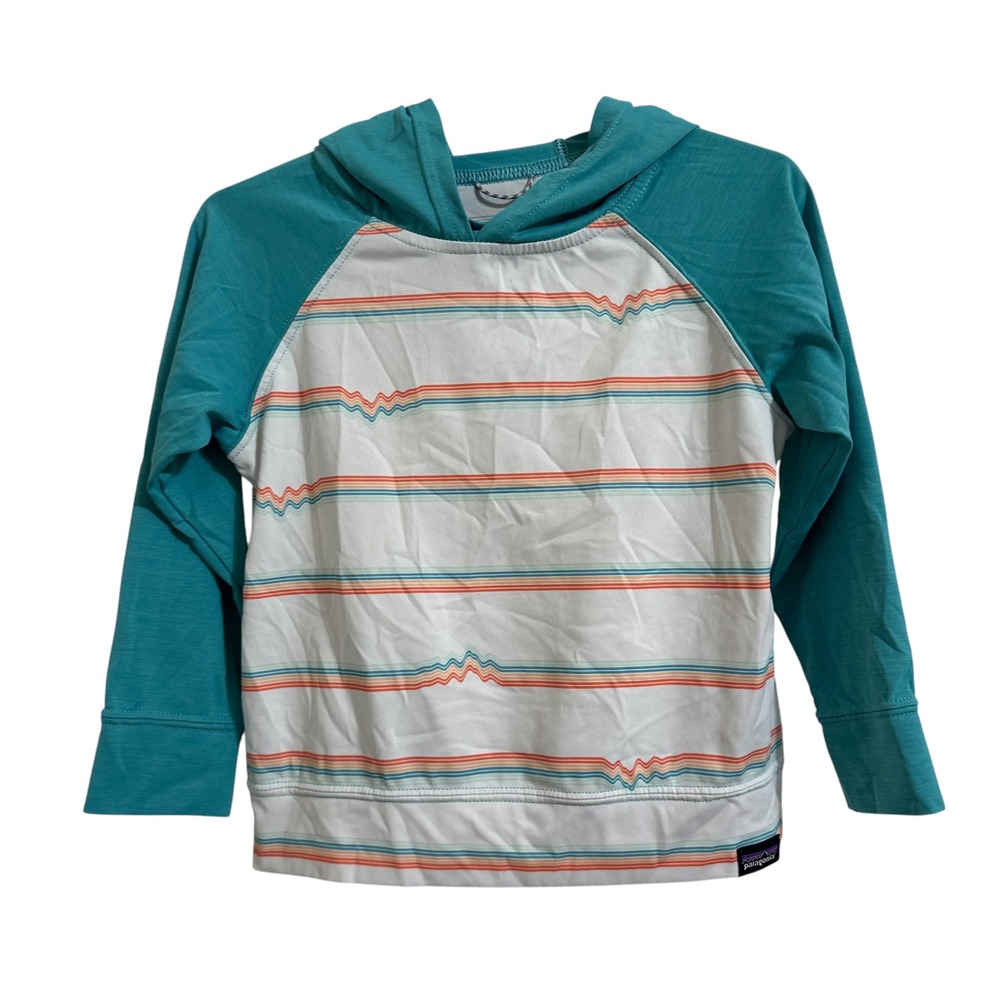 Patagonia Capilene Silkweight Sun Hoodie Kids 2T Teal White Striped Gorpcore